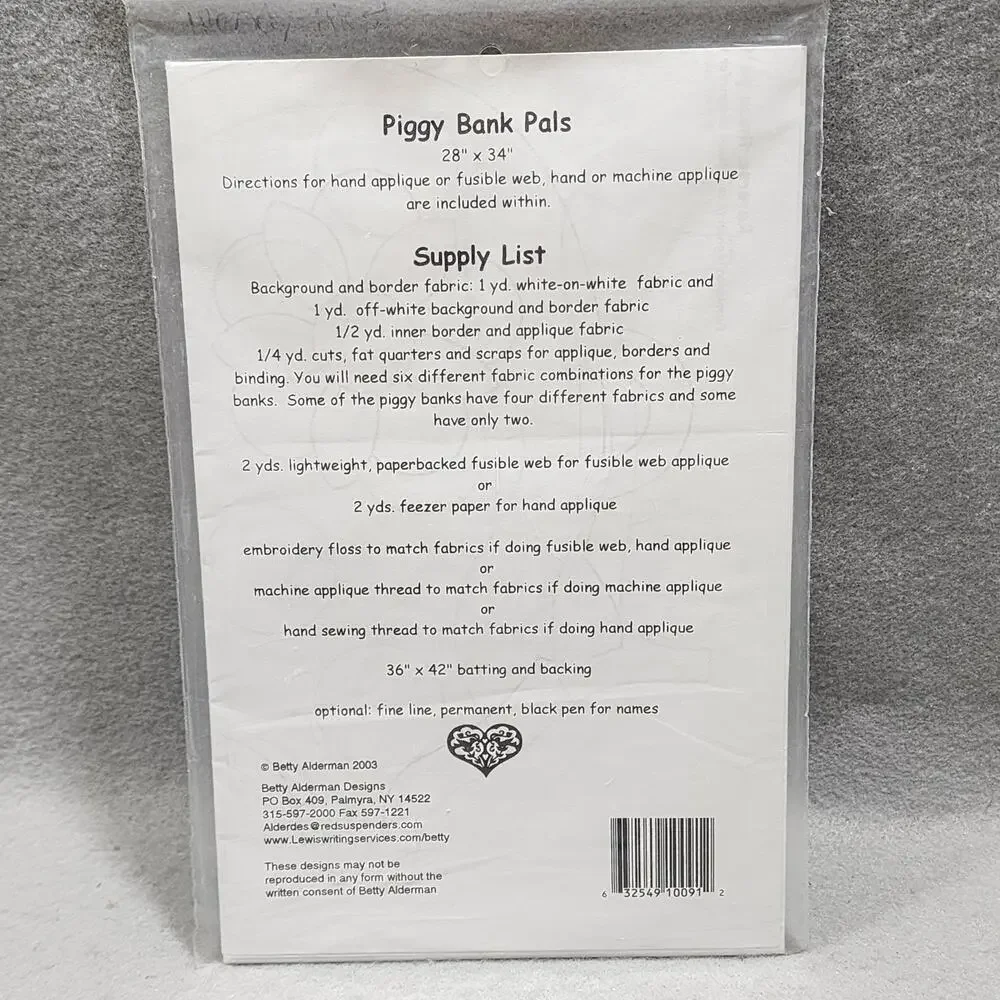 Piggy Bank Palls 091 Quilting Pattern Betty Alderman Designs Vintage 2003 NIP